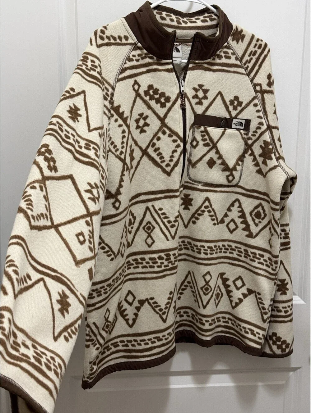 The North Face Men’s XL Fleece 1/4 Zip Pullover Cream Brown Geometric Aztec Prin